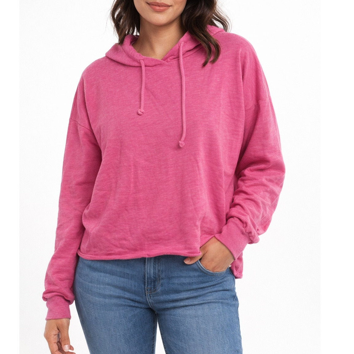 LNA Clothing Raw Hem Long Sleeve Pullover Hoodie Sweatshirt Pink Small