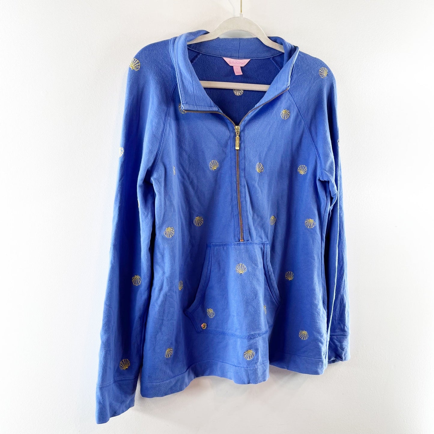 Lilly Pulitzer Skipper 1/2 Zip Seashell Embroidered Popover Sweatshirt Blue L