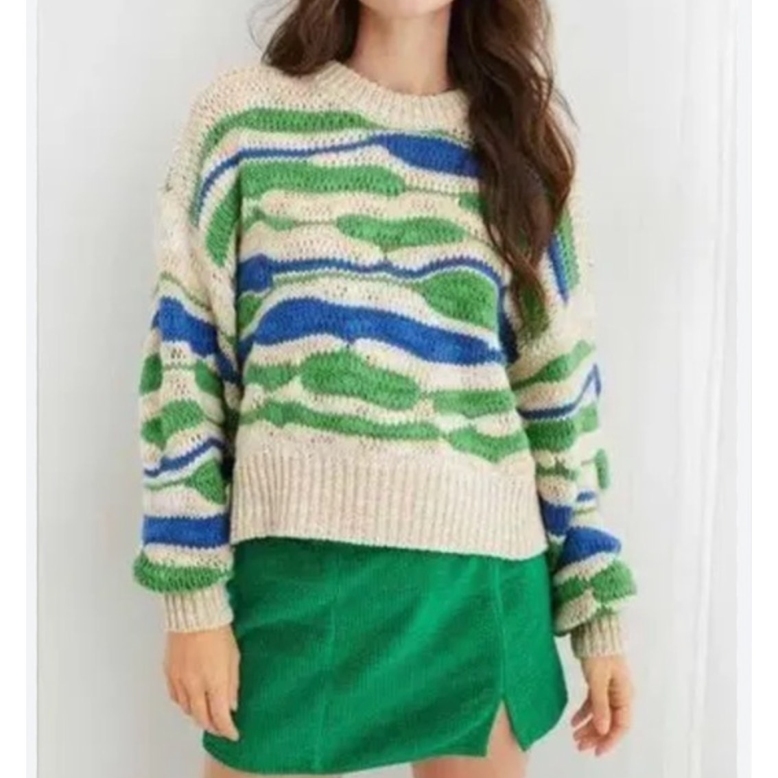 Aerie Long Sleeve Crewneck Chunky Knit Sweater Tan Green Blue Small