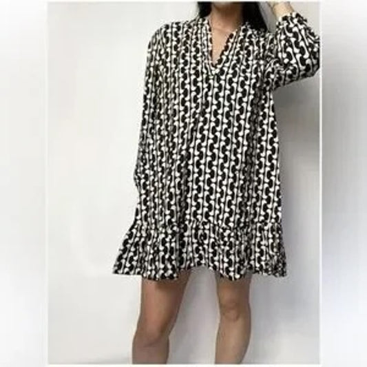ZARA The Paula Long Sleeve Geometric Babydoll Mini Dress Black White Large