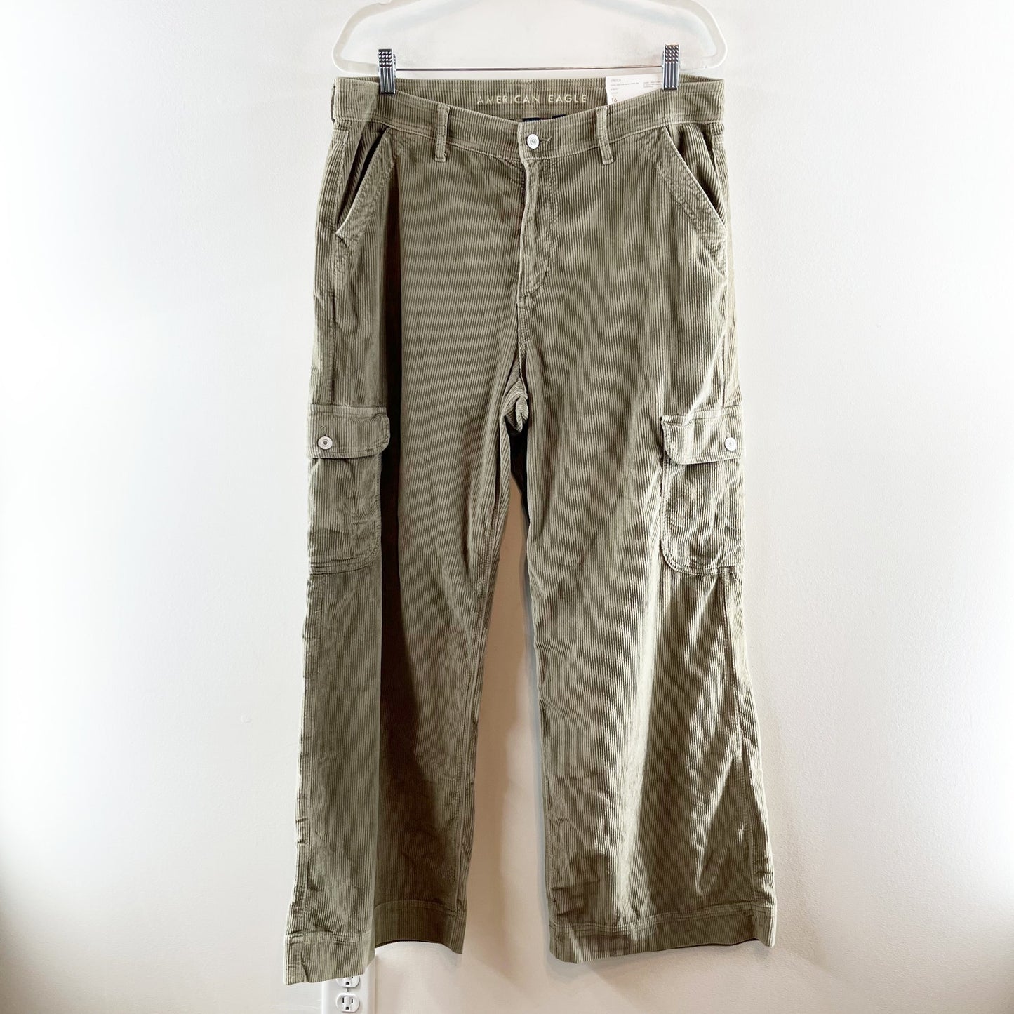 American Eagle Super High Rise Baggy Wide Leg Corduroy Cargo Pants Green 16