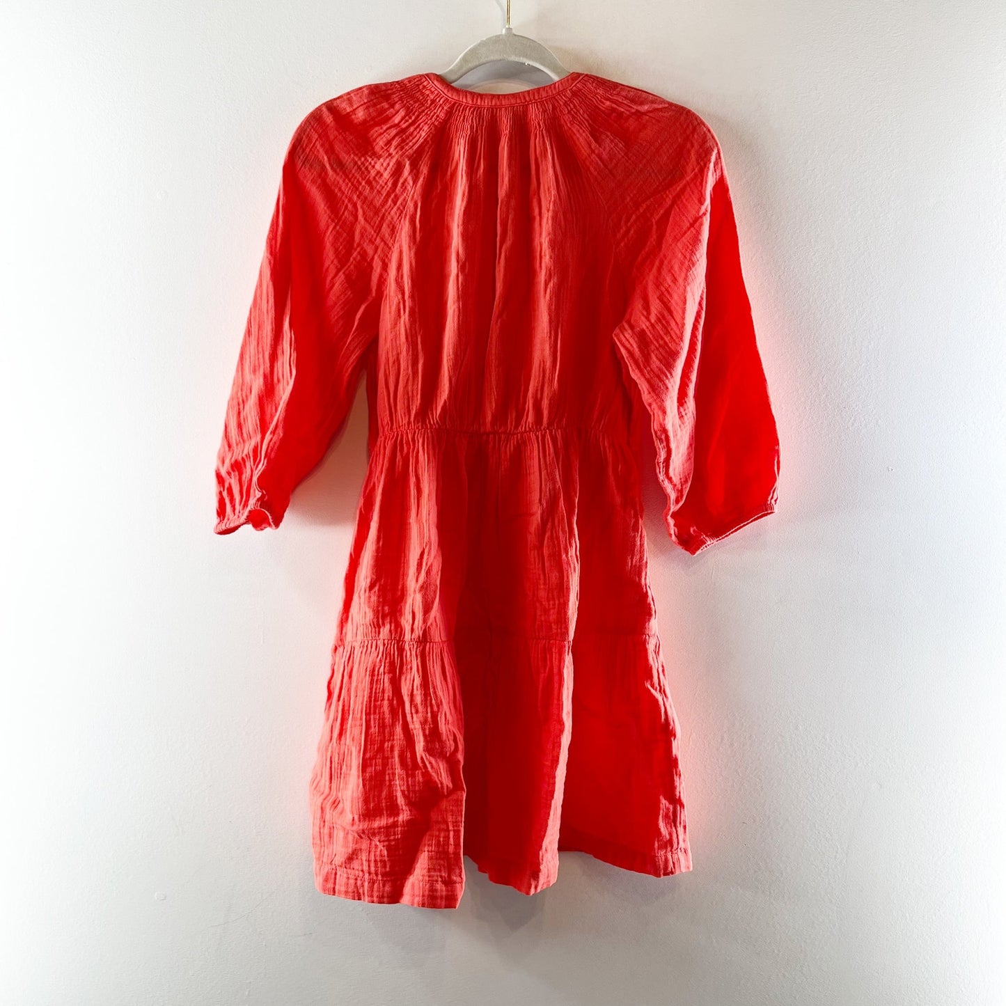 GAP Crinkle Gauze Tiered 3/4 Sleeve Mini Dress Fire Coral Orange XS Petite