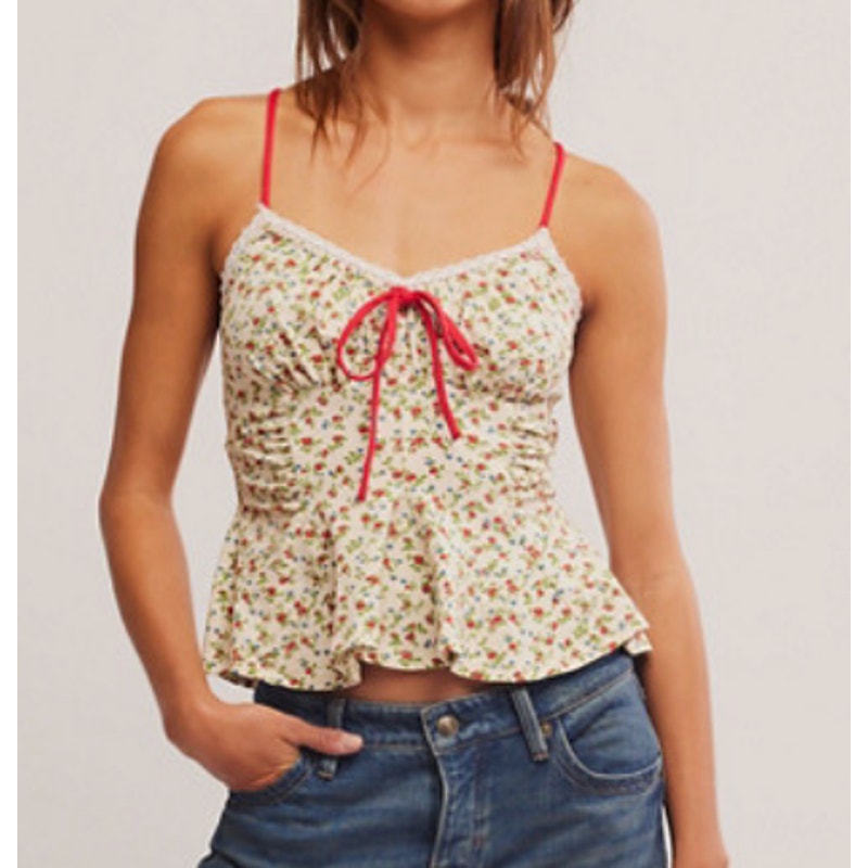 Free People Sammi Floral Tie Front X Back Tank Top Ivory Red XS