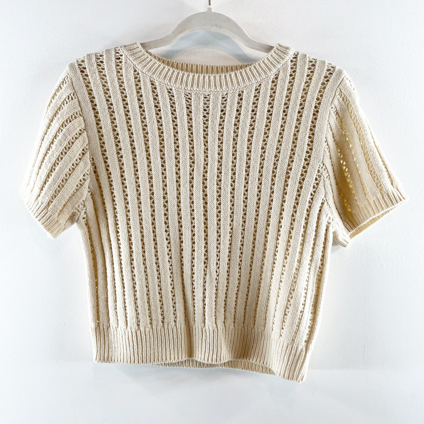 Elodie Short Sleeve Crochet Knit Cropped Sweater Tee Shirt Tan Beige Small