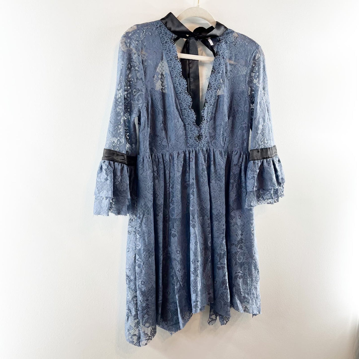 Free People Gilded Lace Victorian Mini Dress Dusty Blue Small
