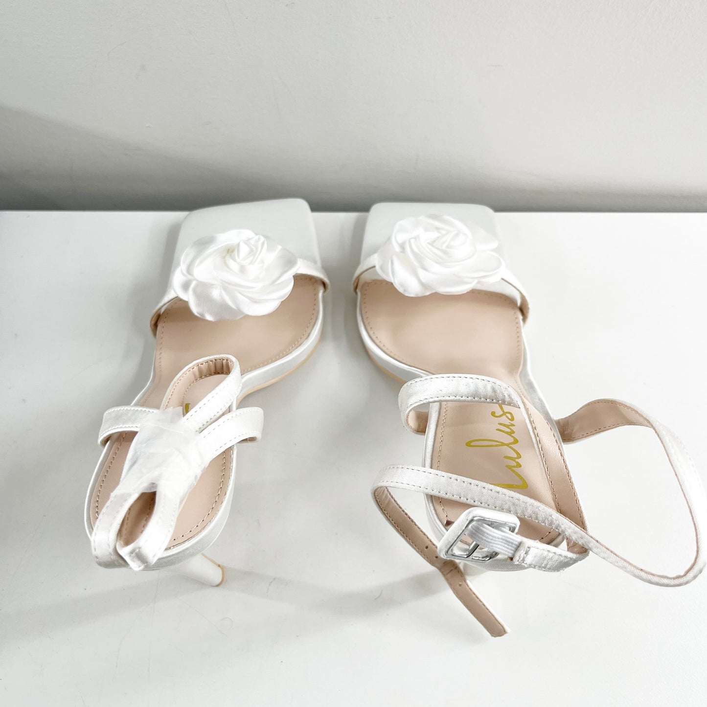 Lulus Aerianna Satin Floral Rosette Ankle Strap Square Toe Sandals White 8