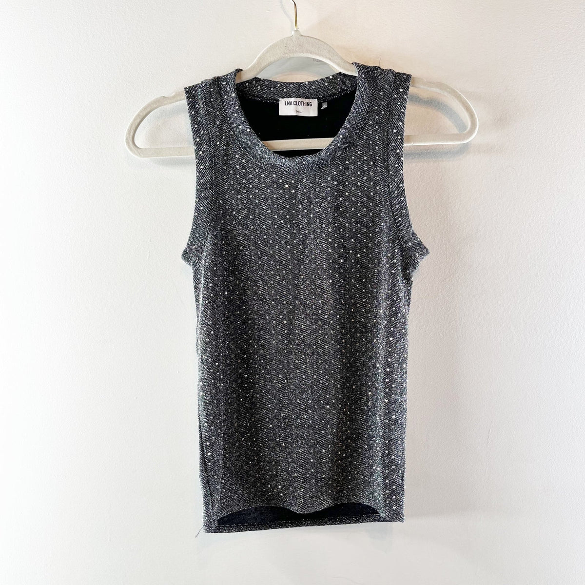 LNA Jones Shine Rhinestone Sleeveless Round Neck Tank Top Gray Silver Small