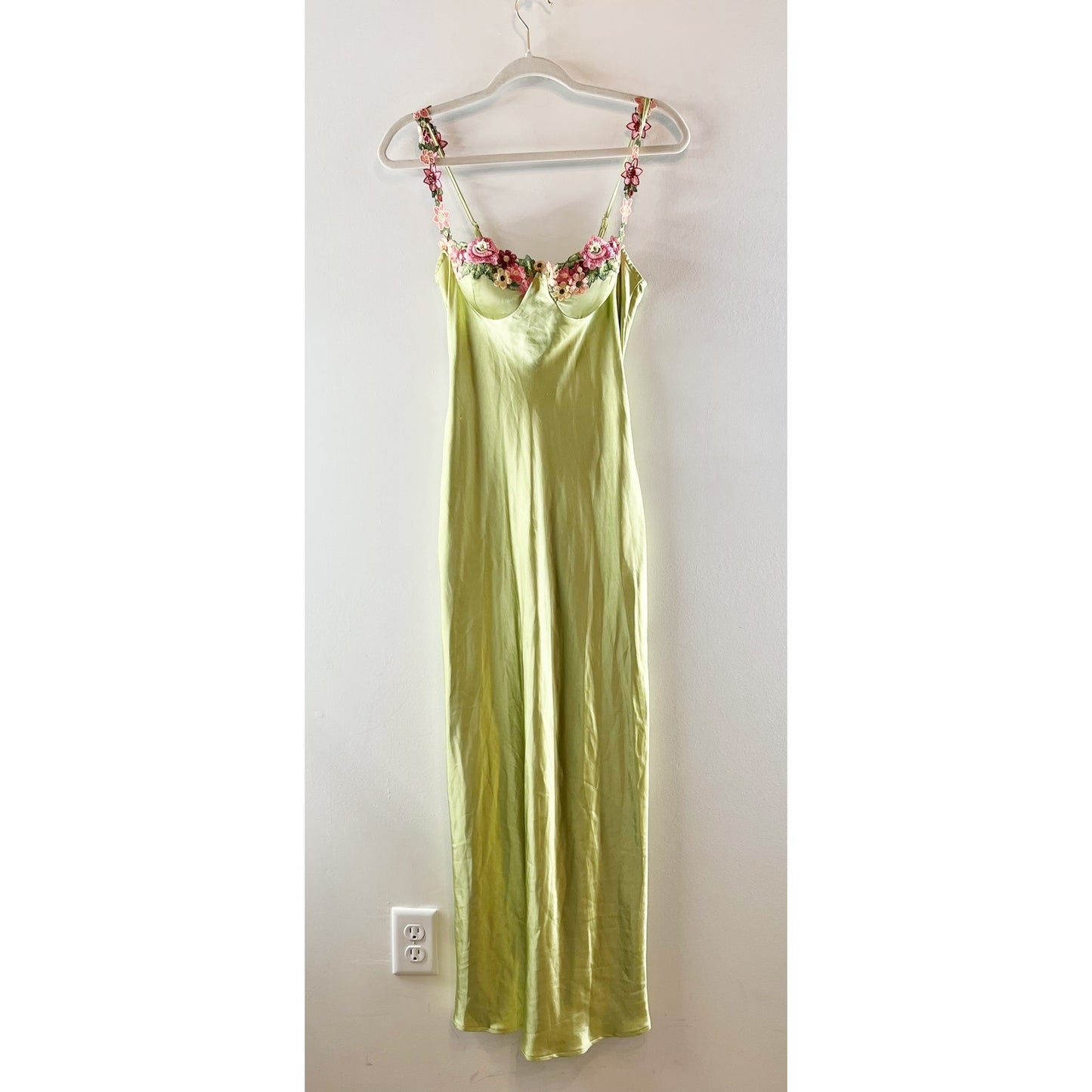 Bobbles & Lace Satin Sleeveless Maxi Slip Dress with Floral Applique Green Small