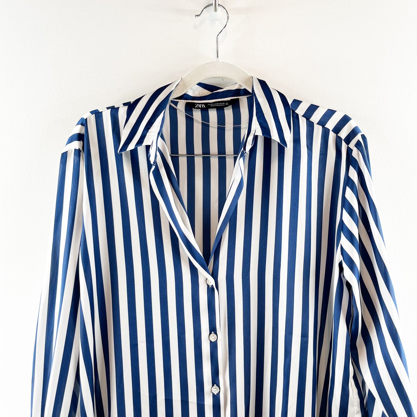 Zara Striped Print Long Sleeve Collared Button-Up Shirt Navy Blue White Medium