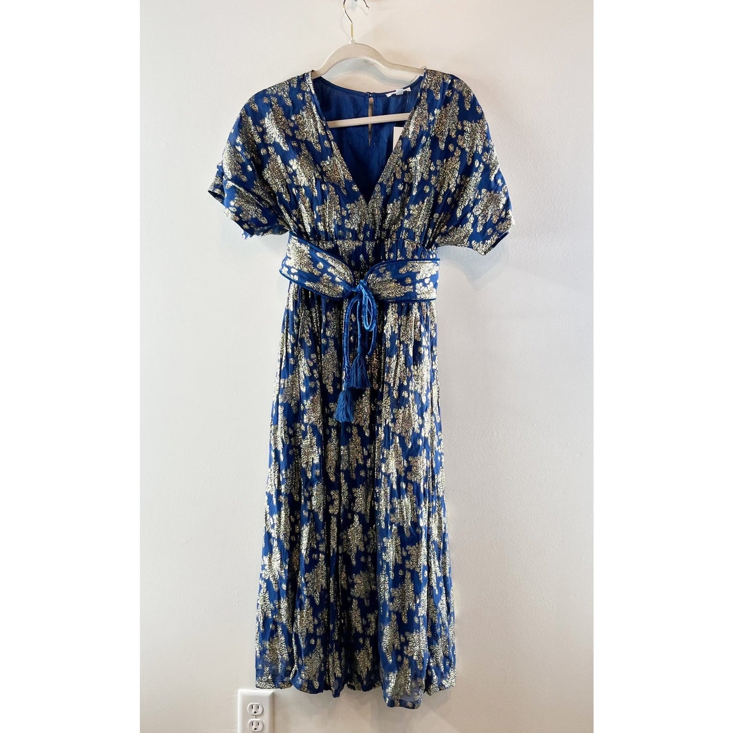 Beau & Ro Retro Belted Short Sleeve Midi Dress Navy Floral Shine Blue Gold Small