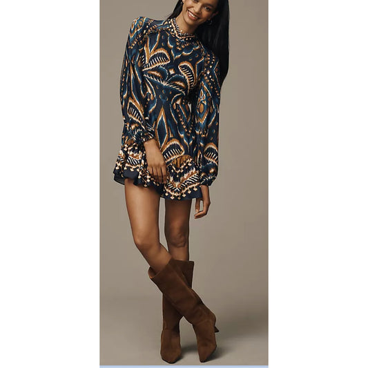Farm Rio Pineapple Ikat Long-Sleeve Raglan Mini Dress Blue XS