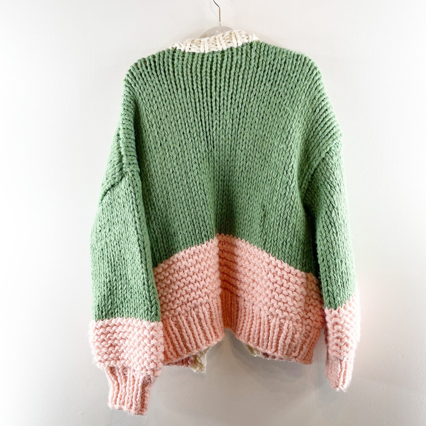 Saachi Anthropologie Hand Knit Chunky Cardigan Colorblock Sweater Green Pink O/S