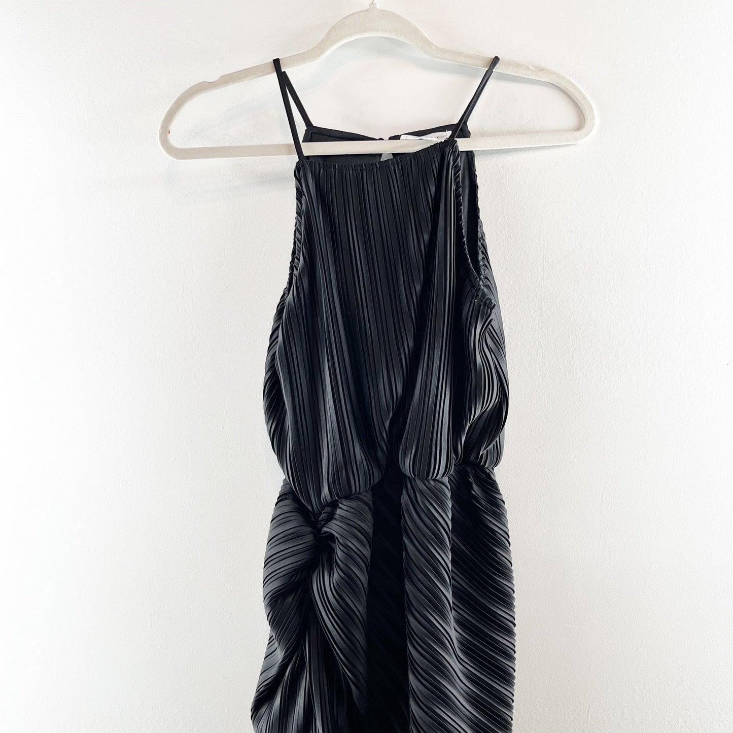 Mable Yanni Ruched Pleated Midi Dress Slit Front Sleeveless Slim Black Medium