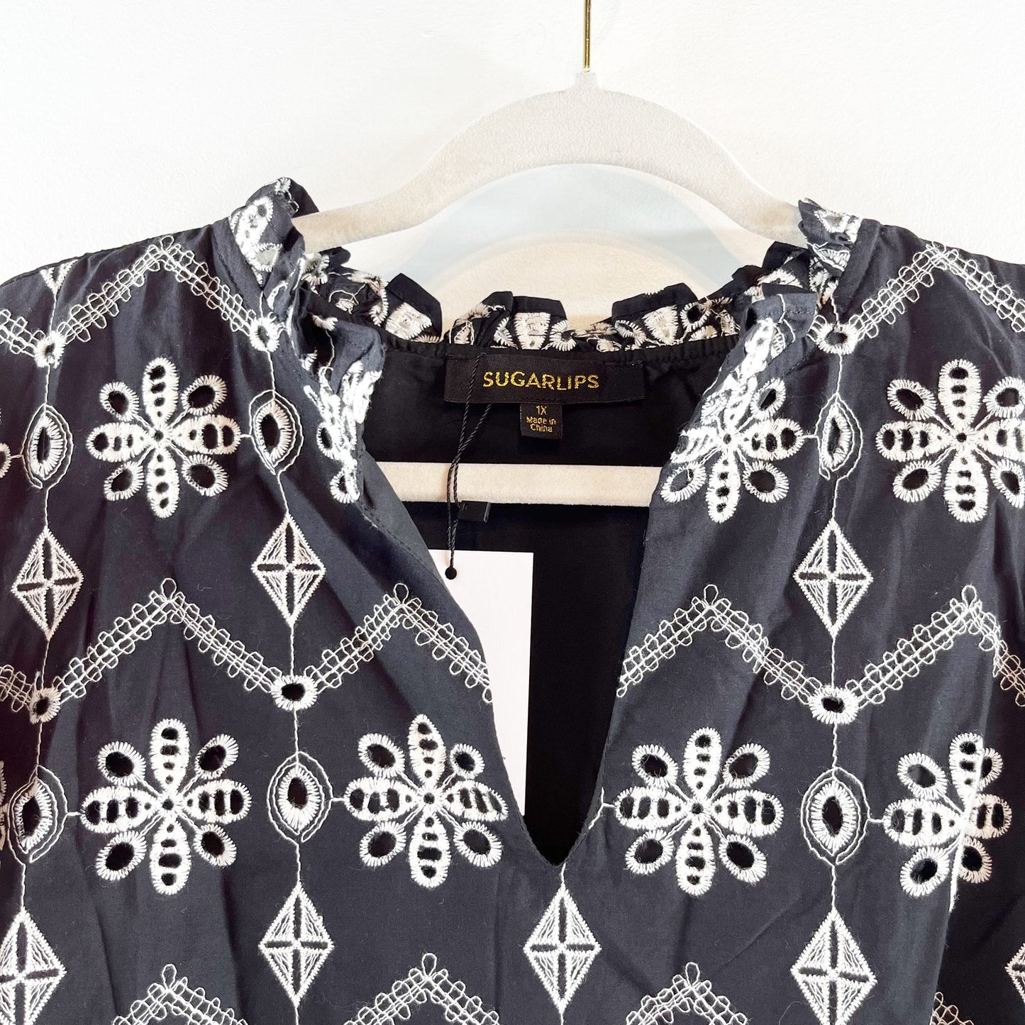 Sugarlips Embroidered Boho Long Sleeve Blouse Top Shirt Black White 1X
