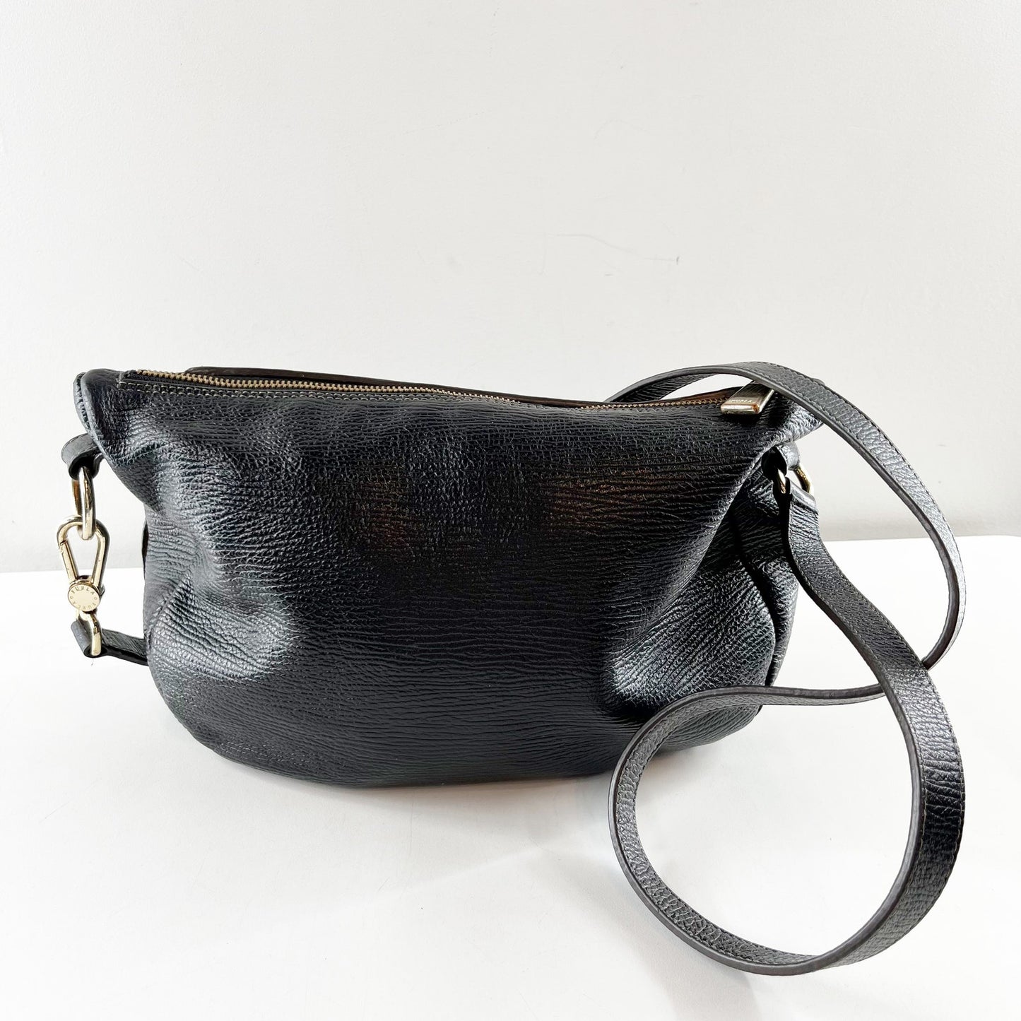 Furla Black Textured Genuine Leather Flapover Shoulder Bag