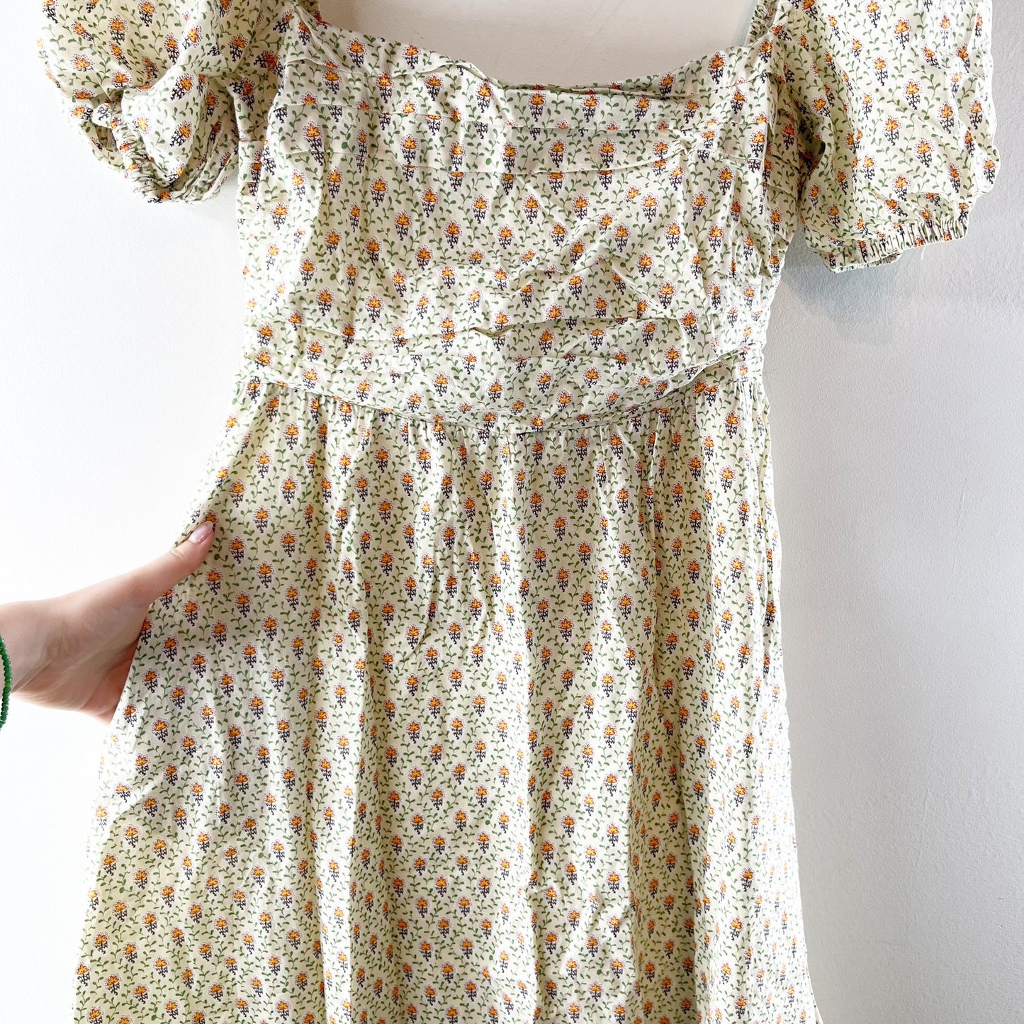 O.P.T Square Neck Short Puff Sleeve Floral Cotton Lined Midi Dress Cream Large