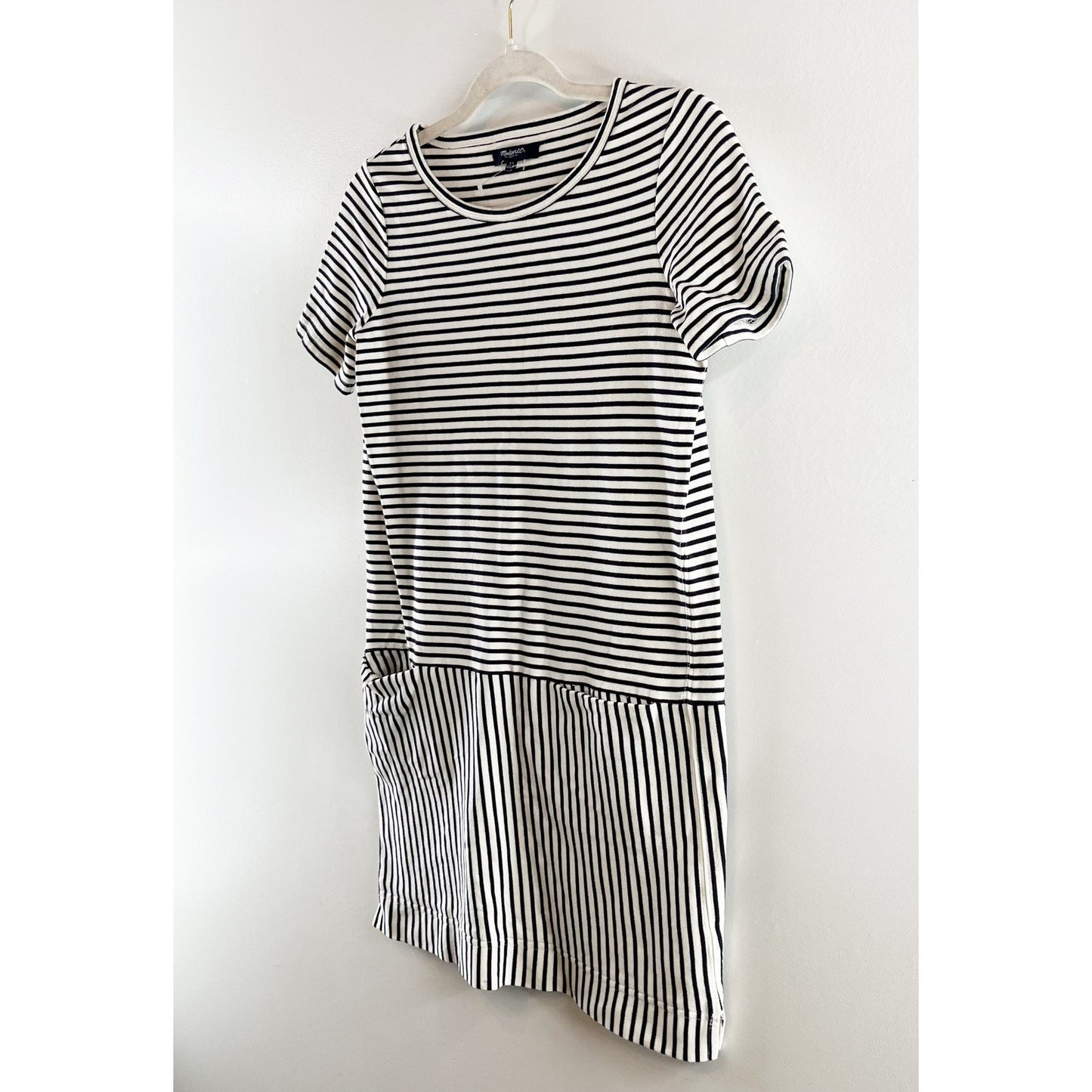 Madewell Dockside Short Sleeve Cotton Striped Mini Shift Dress Blue White XS