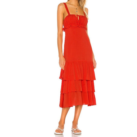 Privacy Please Lucille Ruffle Tiered Hem Slip Midi Dress Red XS