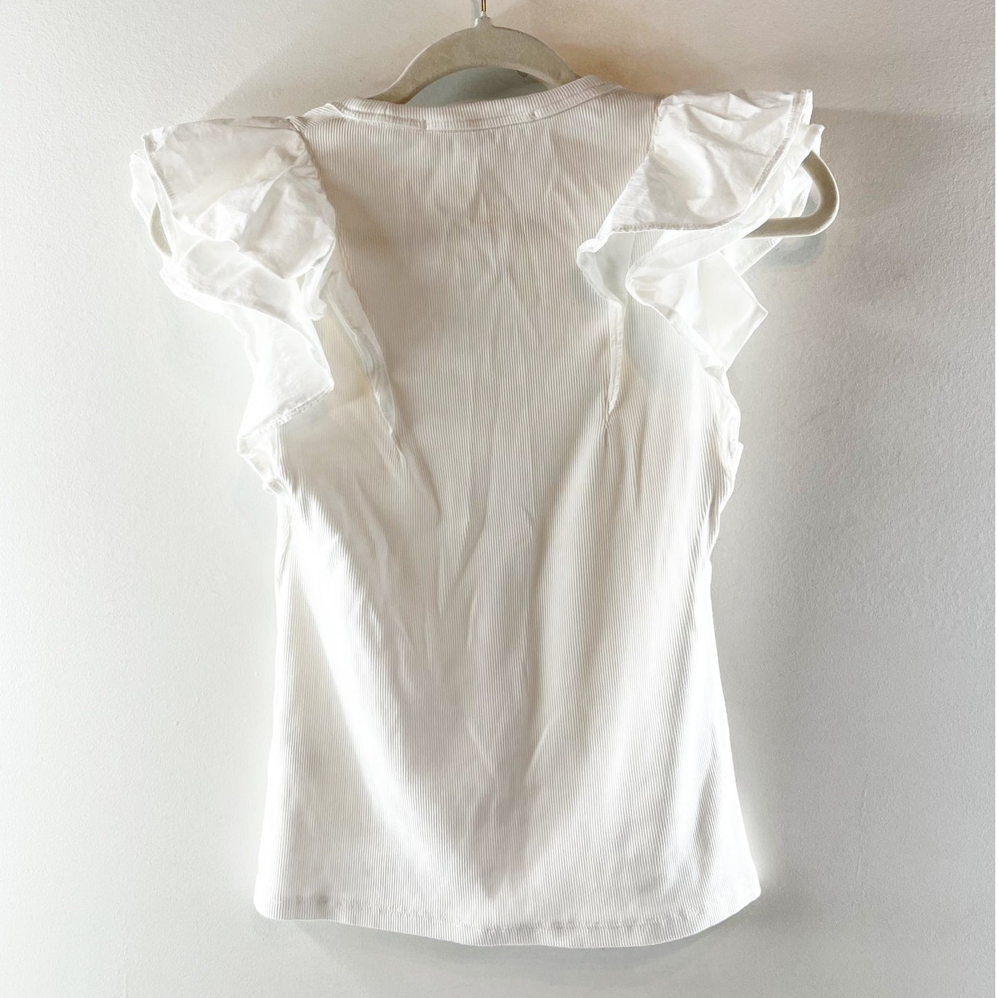Veronica Beard Cathie Ruffle Sleeve V Neck Ribbed Tee Shirt Top White XS