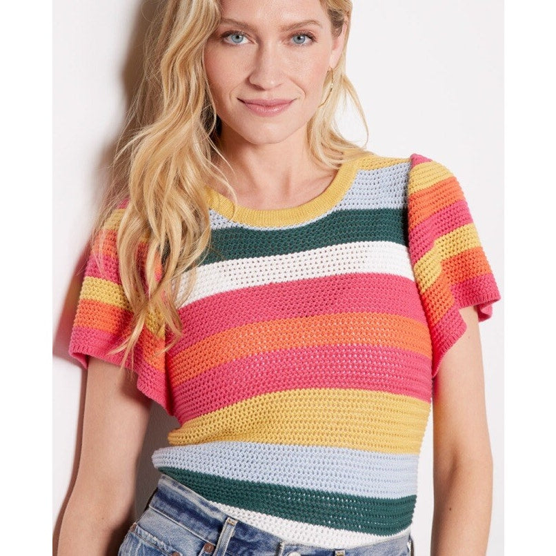Evereve Haven Flutter Short Sleeve Crochet Knit Sweater Top Rainbow Pink Small