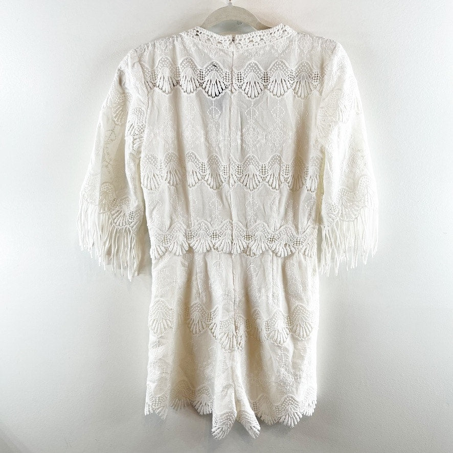 Saylor V Neck One Piece Short Sleeve Fringe Trim Lace Romper White Medium