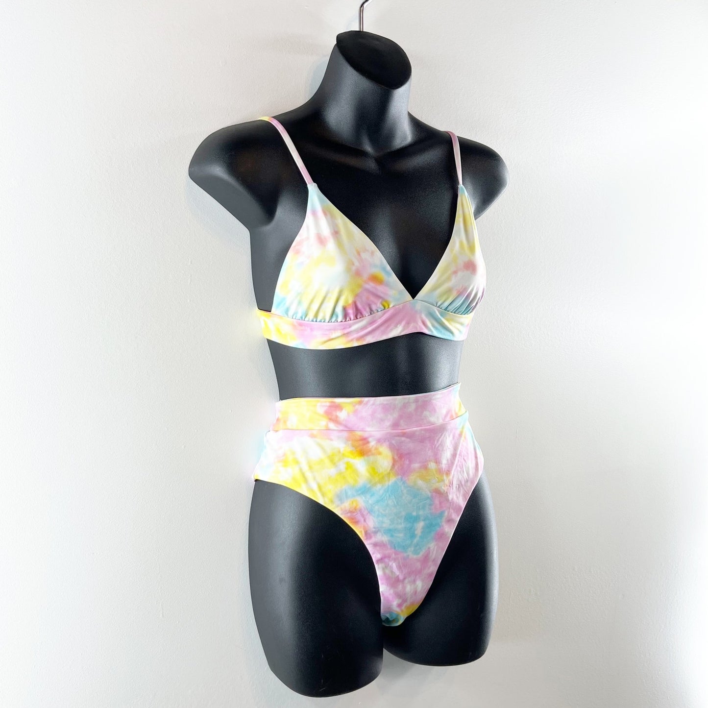 Banana Moon Triangle Tie Dye High Waisted Bikini Swimsuit Blue Pink Yellow Large