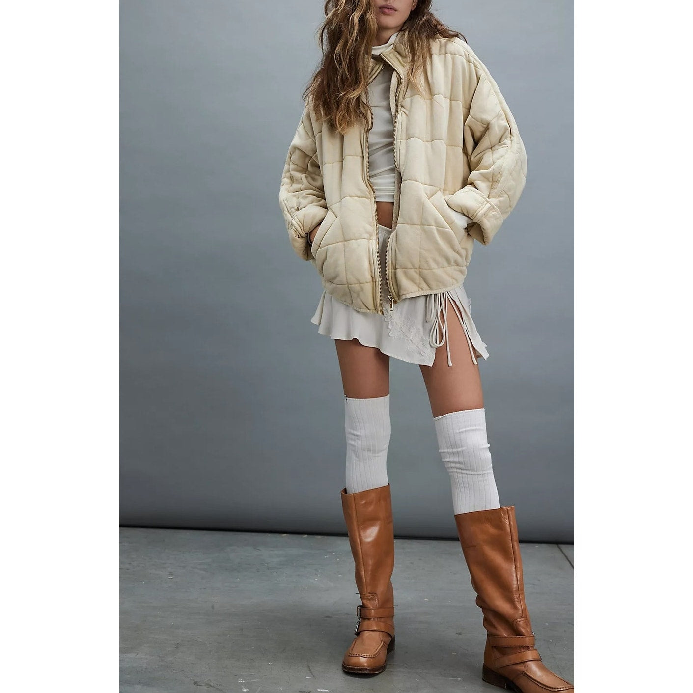 Free People Dolman Quilted Oversized Zip-Up Slouchy Knit Jacket Vanilla Creme M