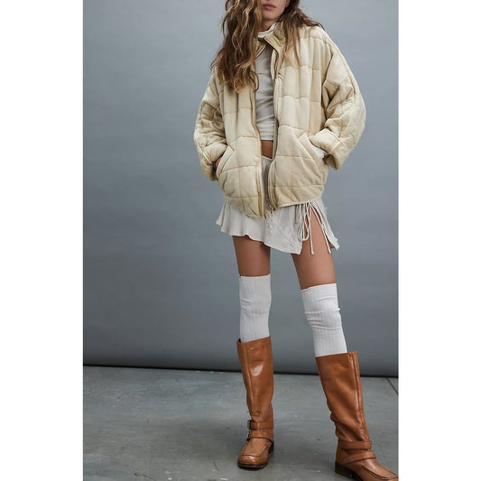 Free People Dolman Quilted Oversized Zip-Up Slouchy Knit Jacket Vanilla Creme M