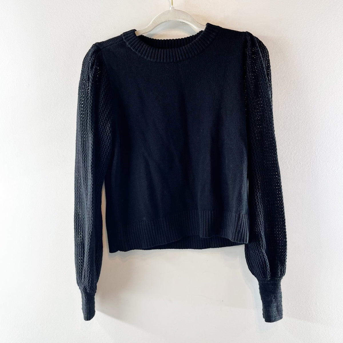 Lilla P Crewneck Crochet Long Sleeve Cotton Blend Sweater Black Medium