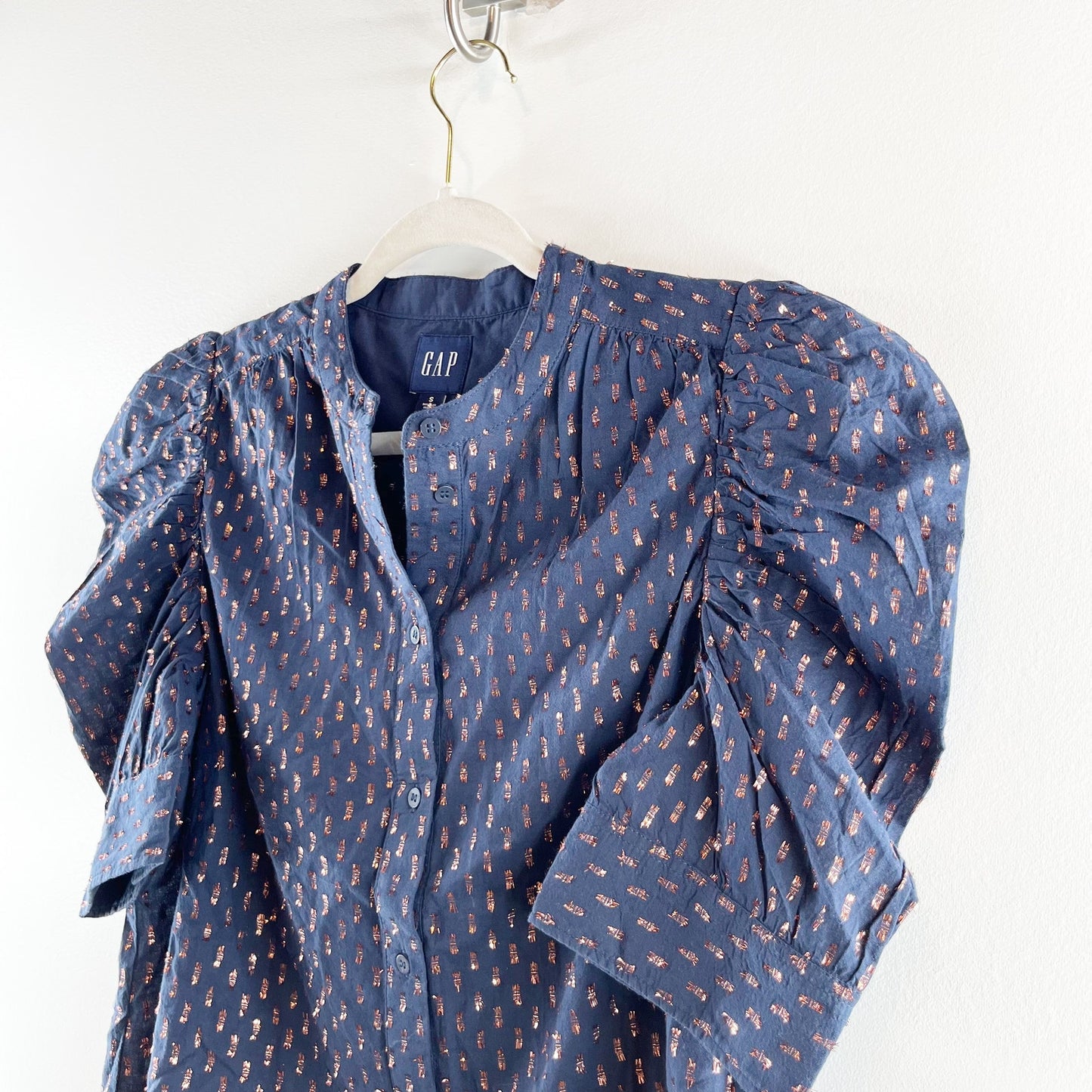 Gap Cotton Blend Puff Sleeve Button Front Blouse Shirt Navy Blue Clip Dot Small