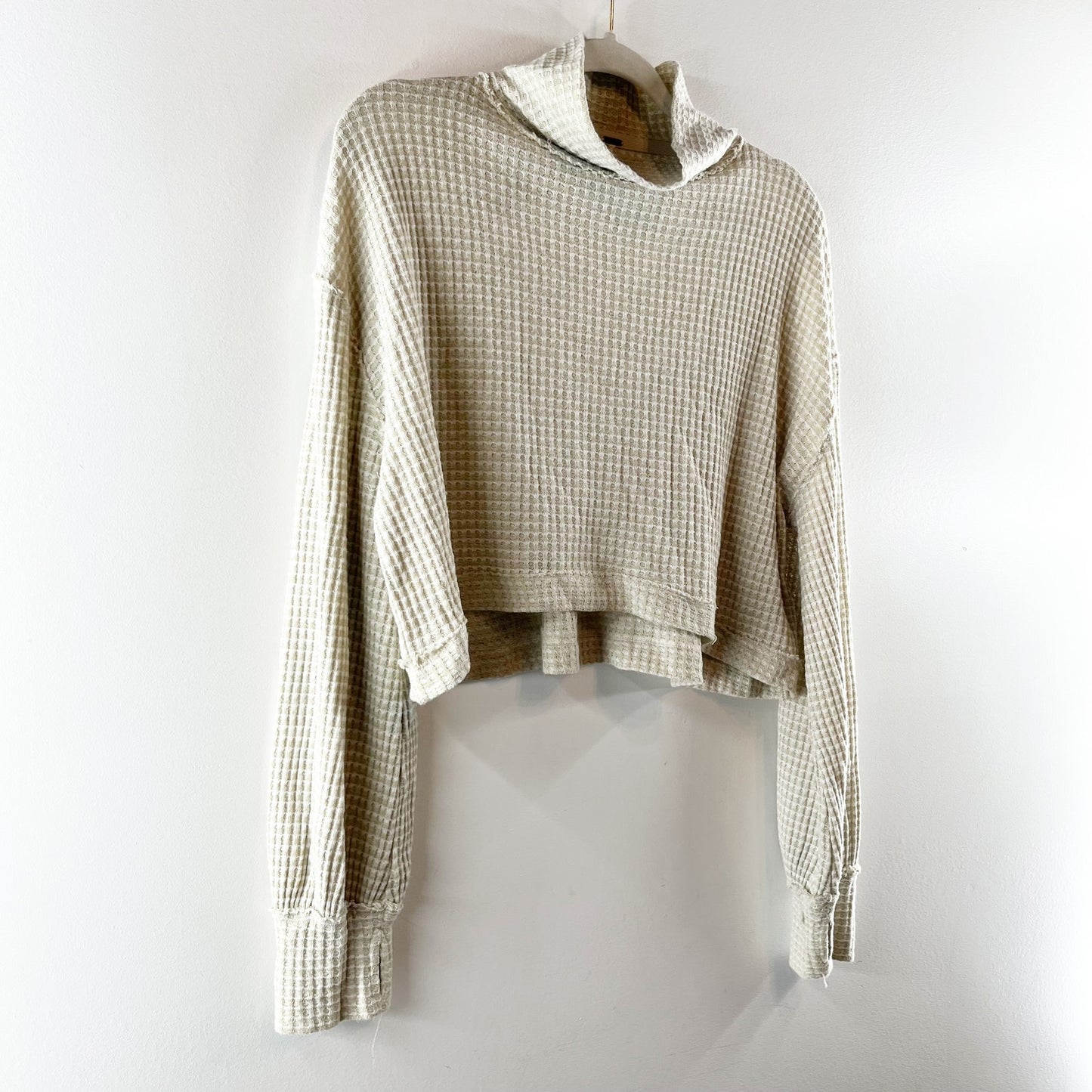 Free People BK Long Sleeve Turtleneck Waffle Knit Crop Thermal Top White Combo M