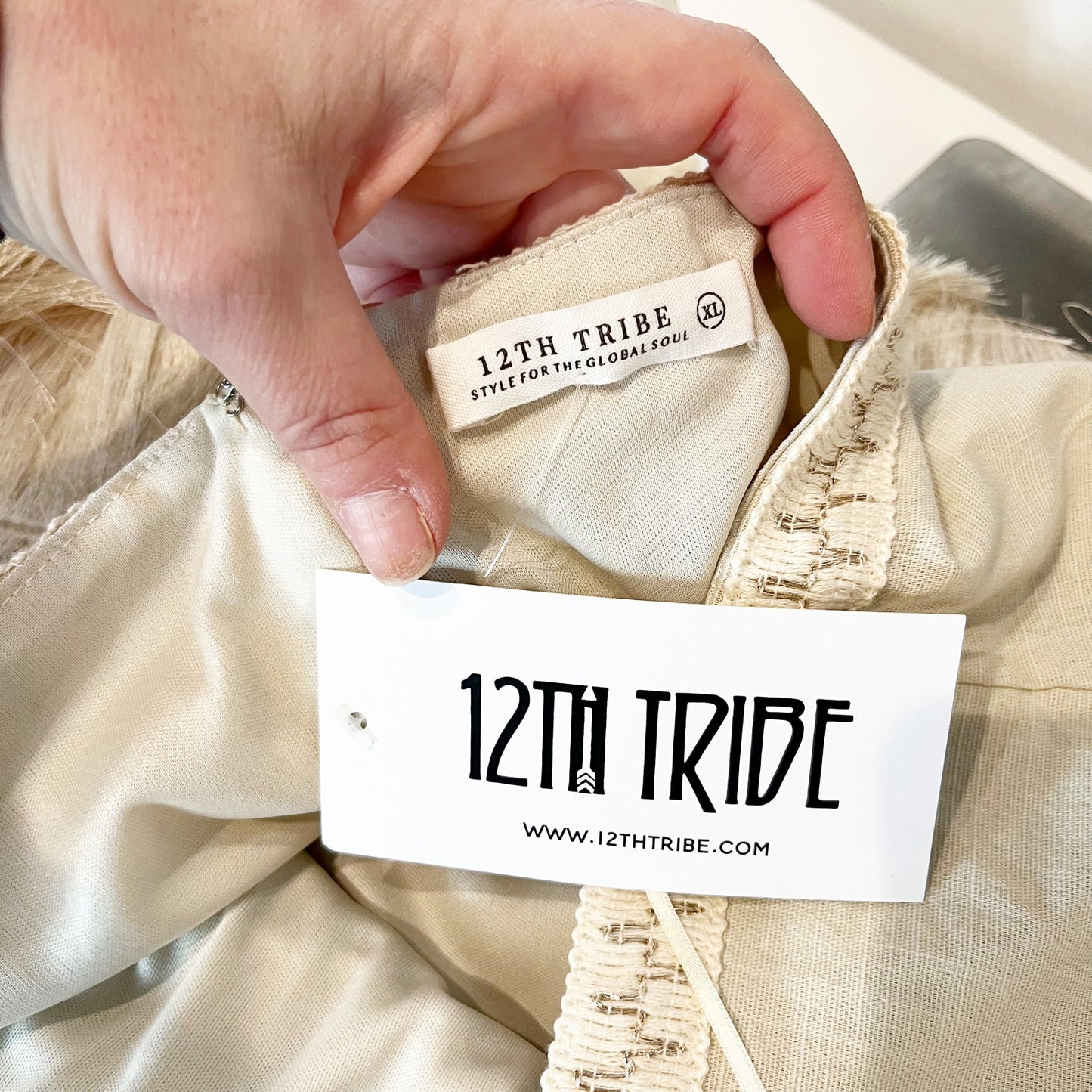 12th Tribe Haven Fringe Cutout Mini Dress Cream XL