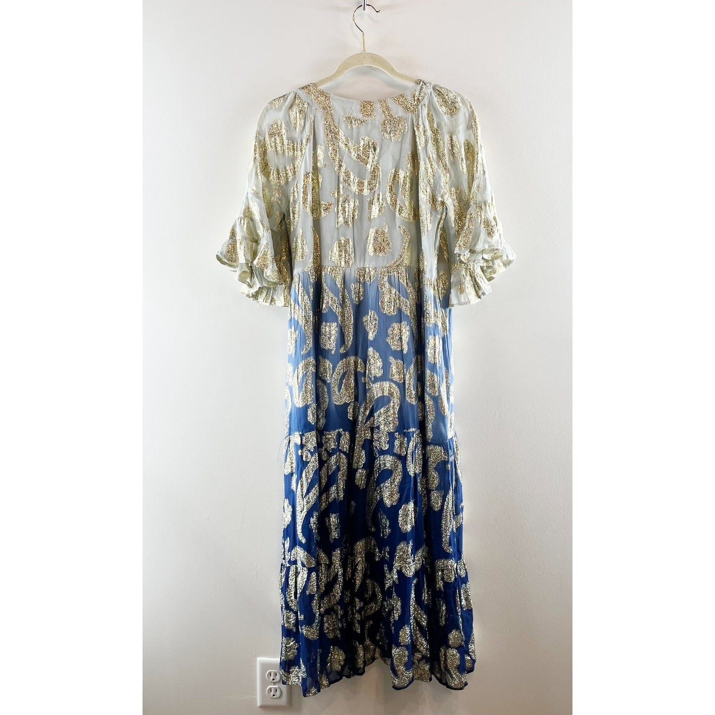 Debbie Katz South Beach Daniella Metallic Paisley Maxi Dress Blue Gold Small