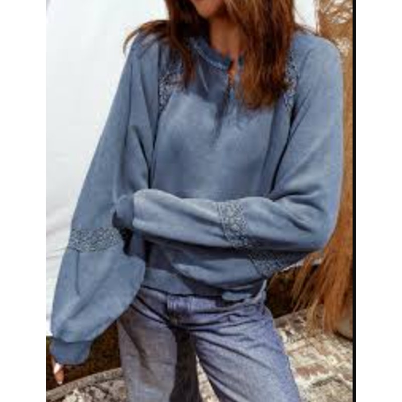 Aerie Mineral Wash V Neck Crochet Trim Oversized Sweatshirt Blue Medium