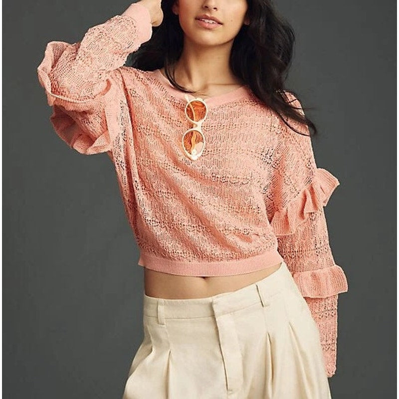 Anthropologie Sheer Open-Stitch Ruffle Pullover Sweater Pink Peach Small
