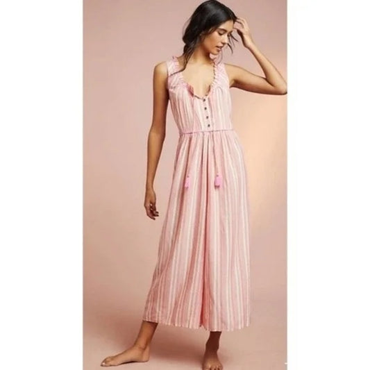 Anthropologie Visayas Striped Cropped Wide Leg Jumpsuit Pink Orange XS