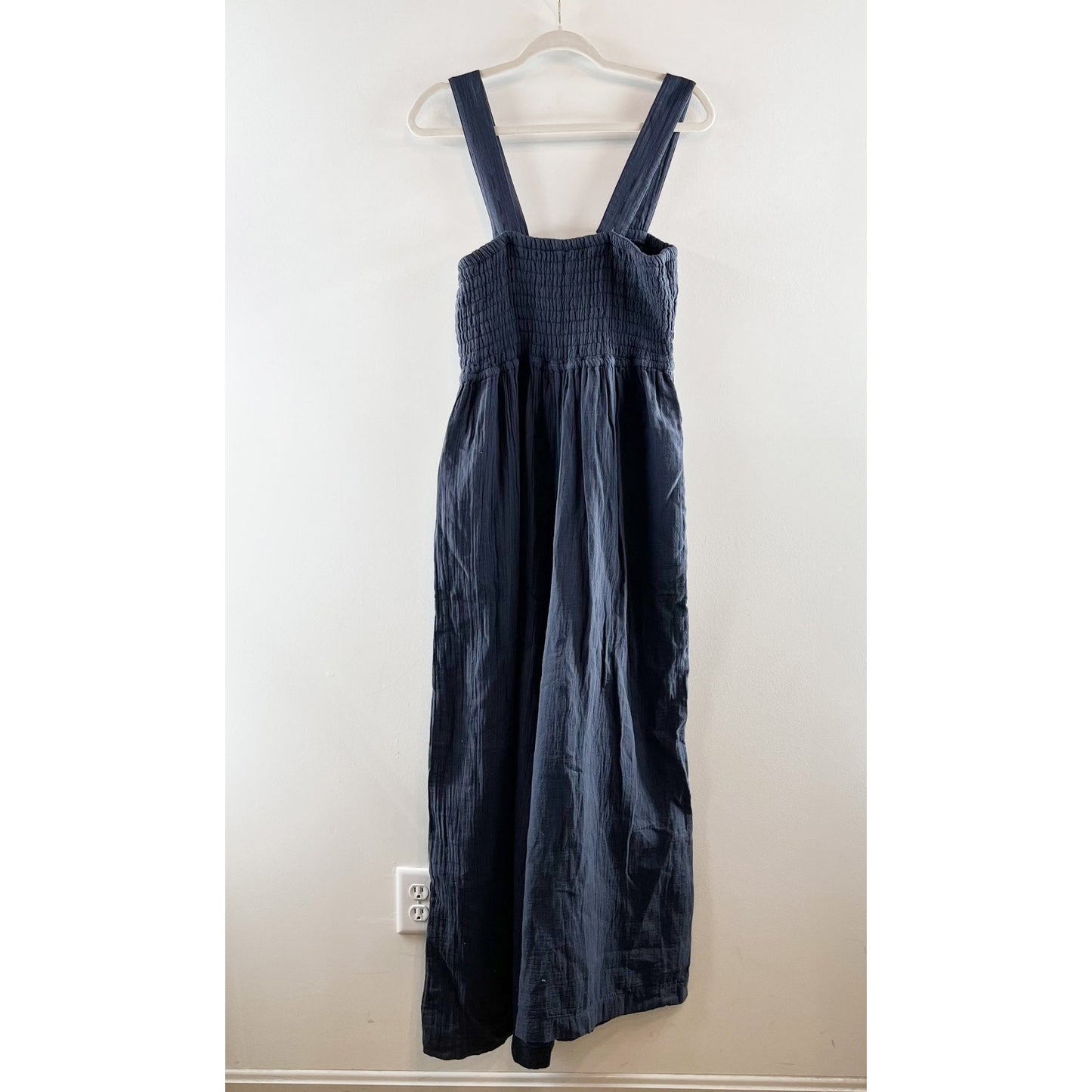 Quince Organic Cotton Gauze Smocked Wide Leg Jumpsuit Indigo Blue Medium