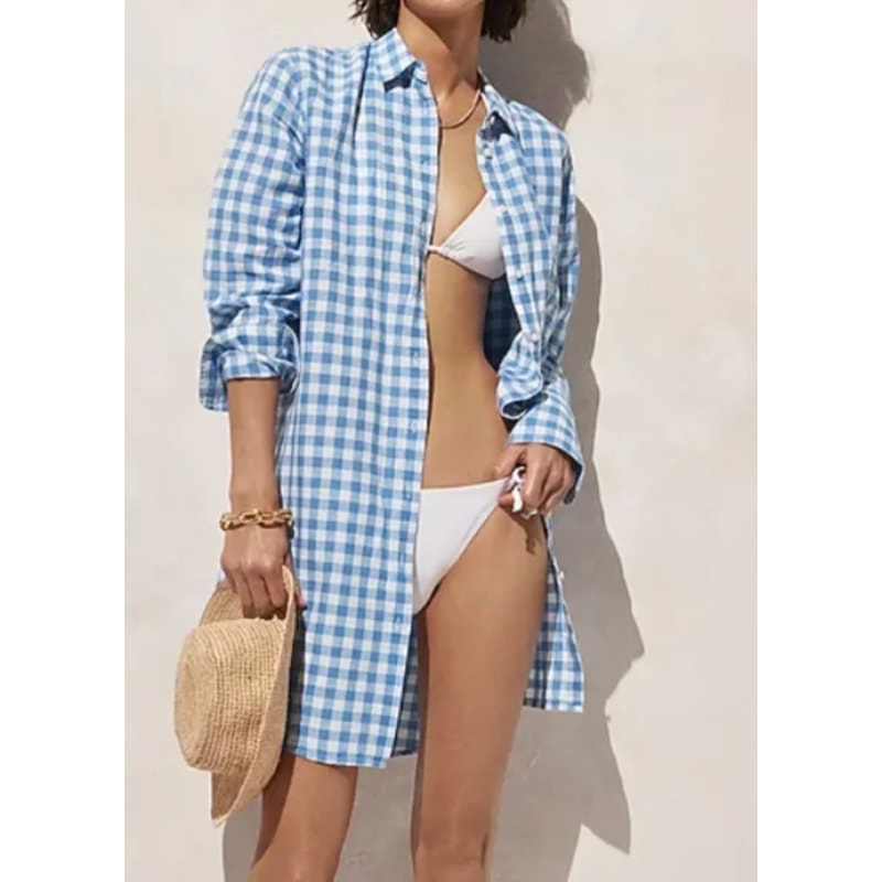 J. Crew Long Sleeve Linen Cotton Mini Gingham Shirt Dress Blue White Small