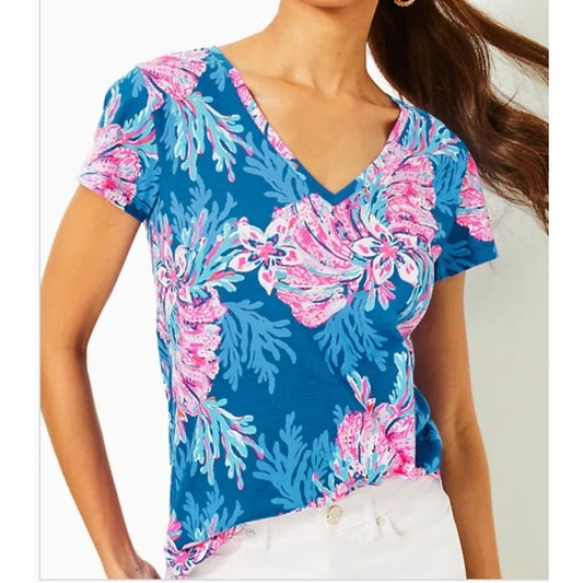 Lilly Pulitzer Meredith V Neck Short Sleeve Tee Shirt Top Blue Pink XL
