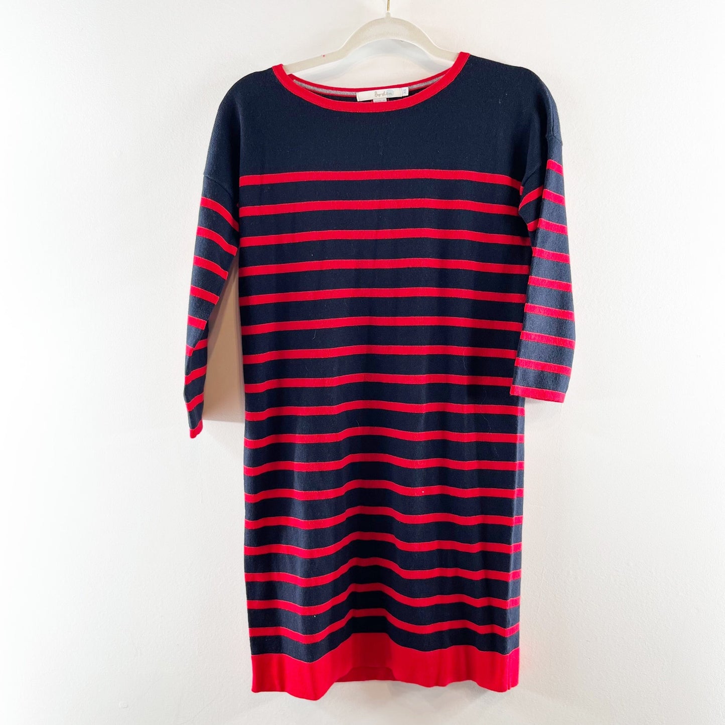 Boden Millie Striped 3/4 Sleeve Wool Blend Mini Shift Dress Red Navy Blue XS