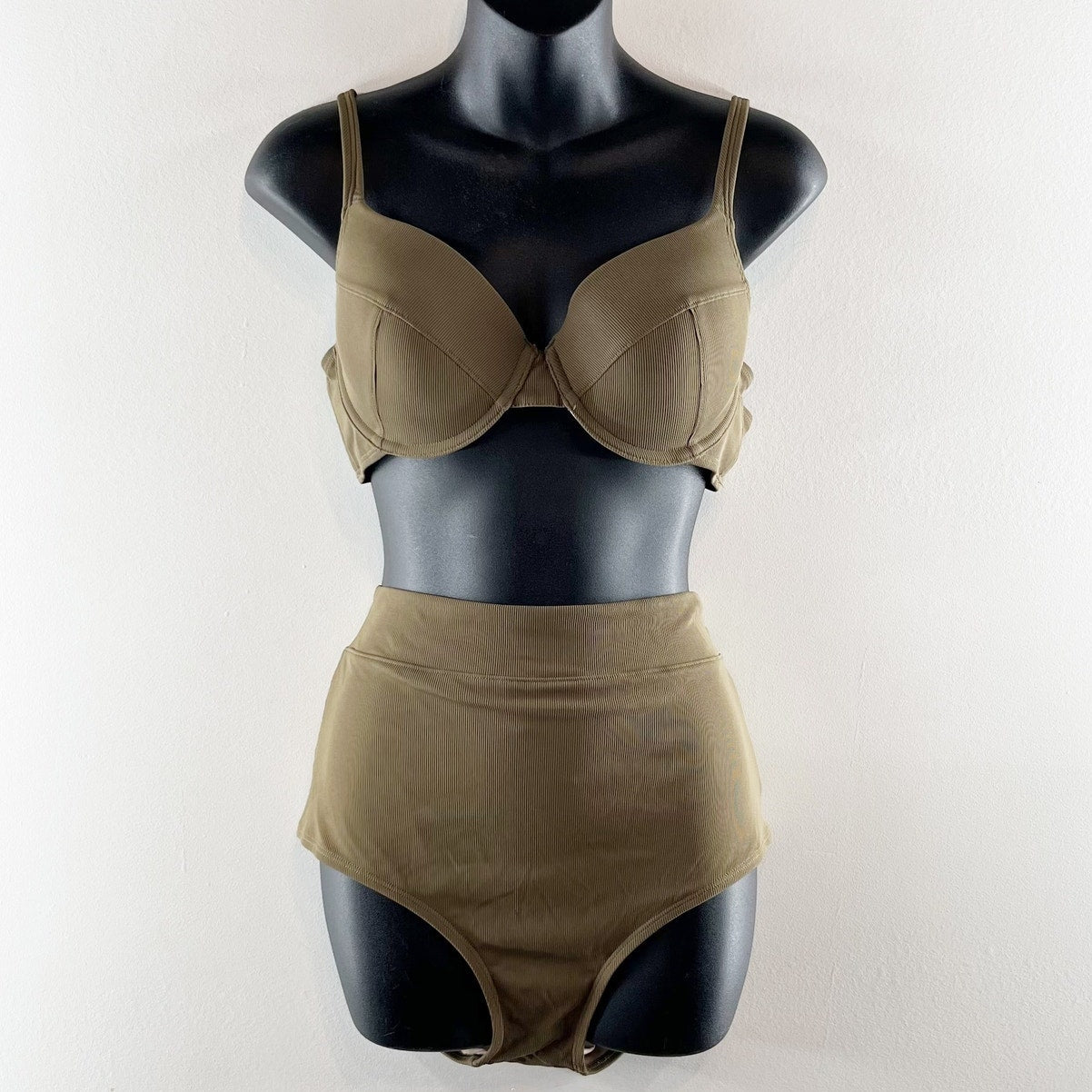 Mott50 Premium Swim 3D Ribbed Bikini Top & High Rise Bikini Bottom Set Olive XL