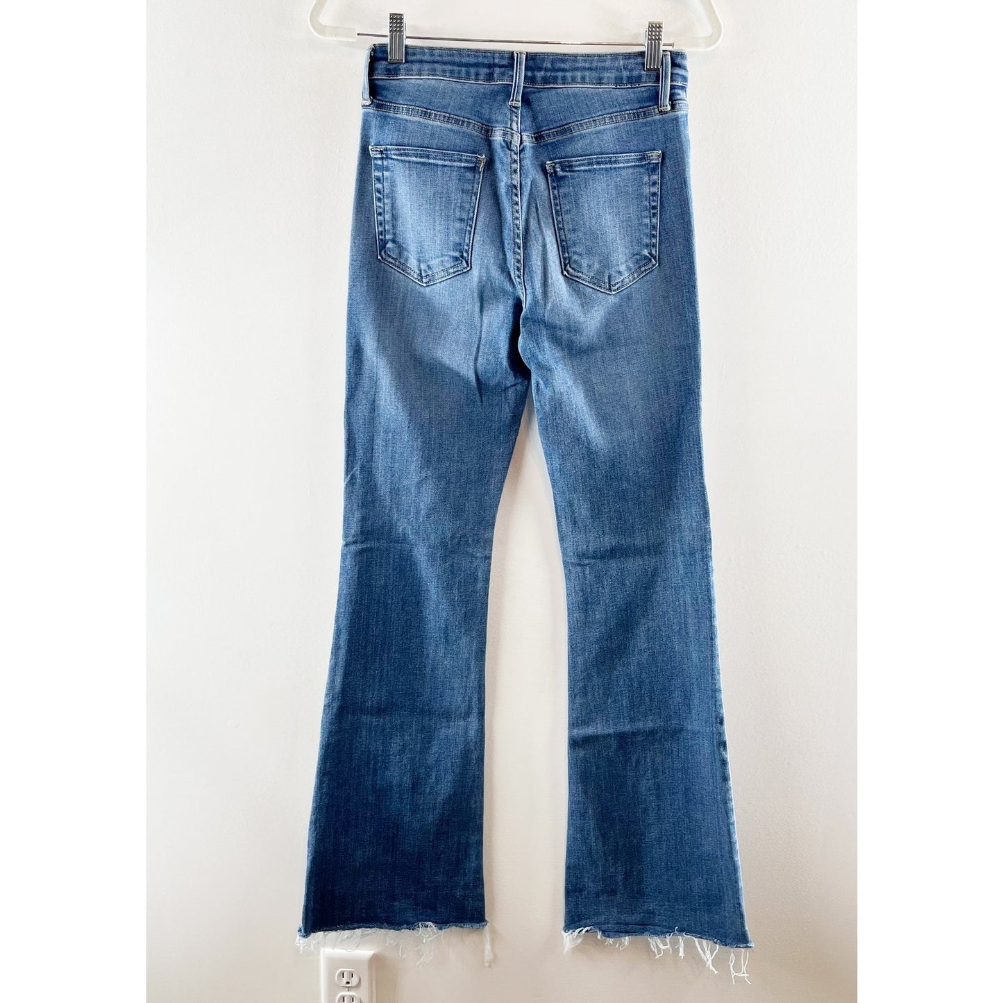 Just Black Denim Mid Rise Fall Flare Raw Hem Jeans Medium Wash Blue 27