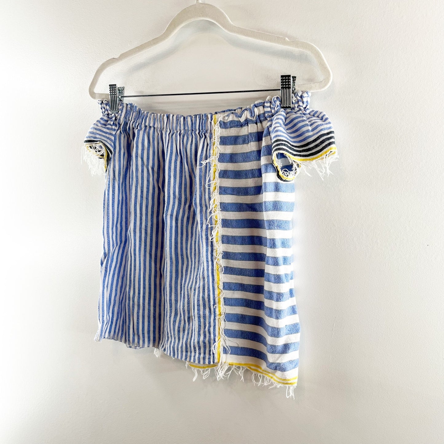 LemLem Striped Fringe Off Shoulder Cotton Top Blouse Blue White Yellow XS