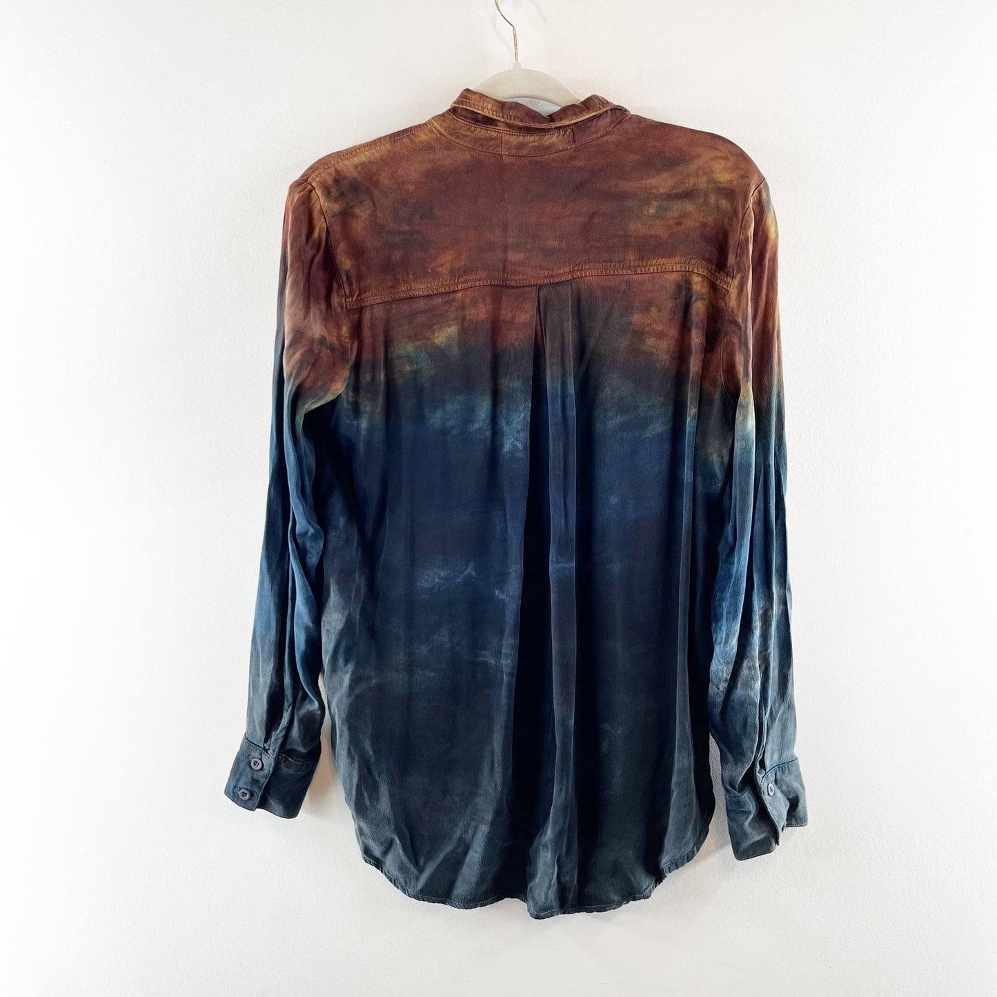 Cloth & Stone Watercolor Tie-Dye Long Sleeve Button-Down Shirt Blue Brown Small