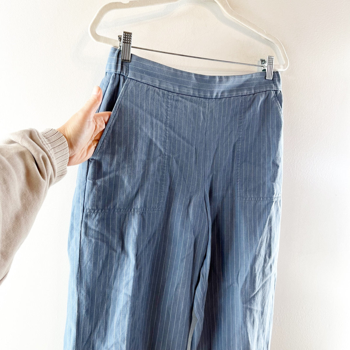 Banana Republic Linen Blend High Rise Pinstripe Straight Leg Trouser Pants Blue