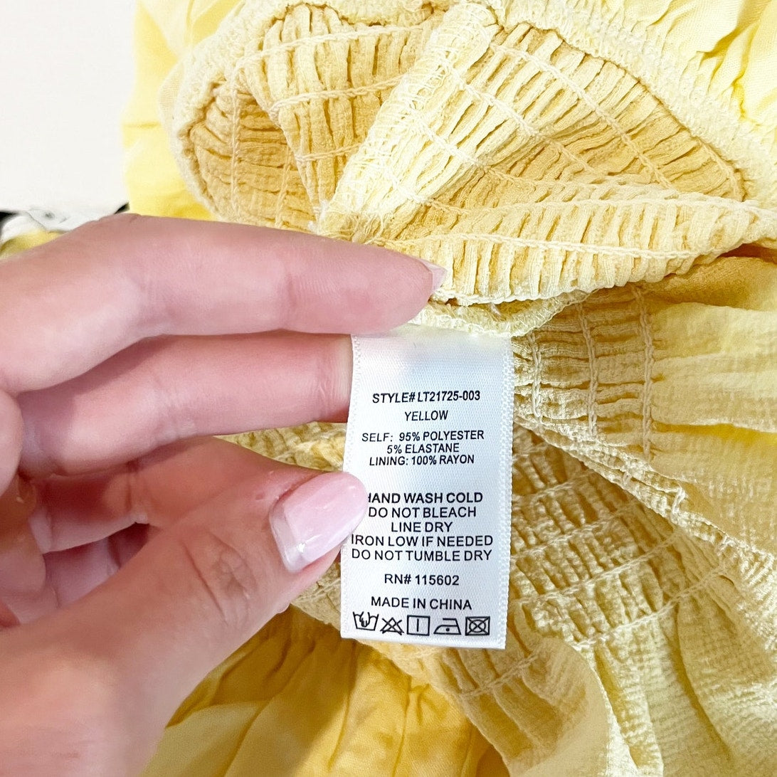 Lush Smocked Cap Sleeve Tie Front Top Blouse Butter Yellow Medium