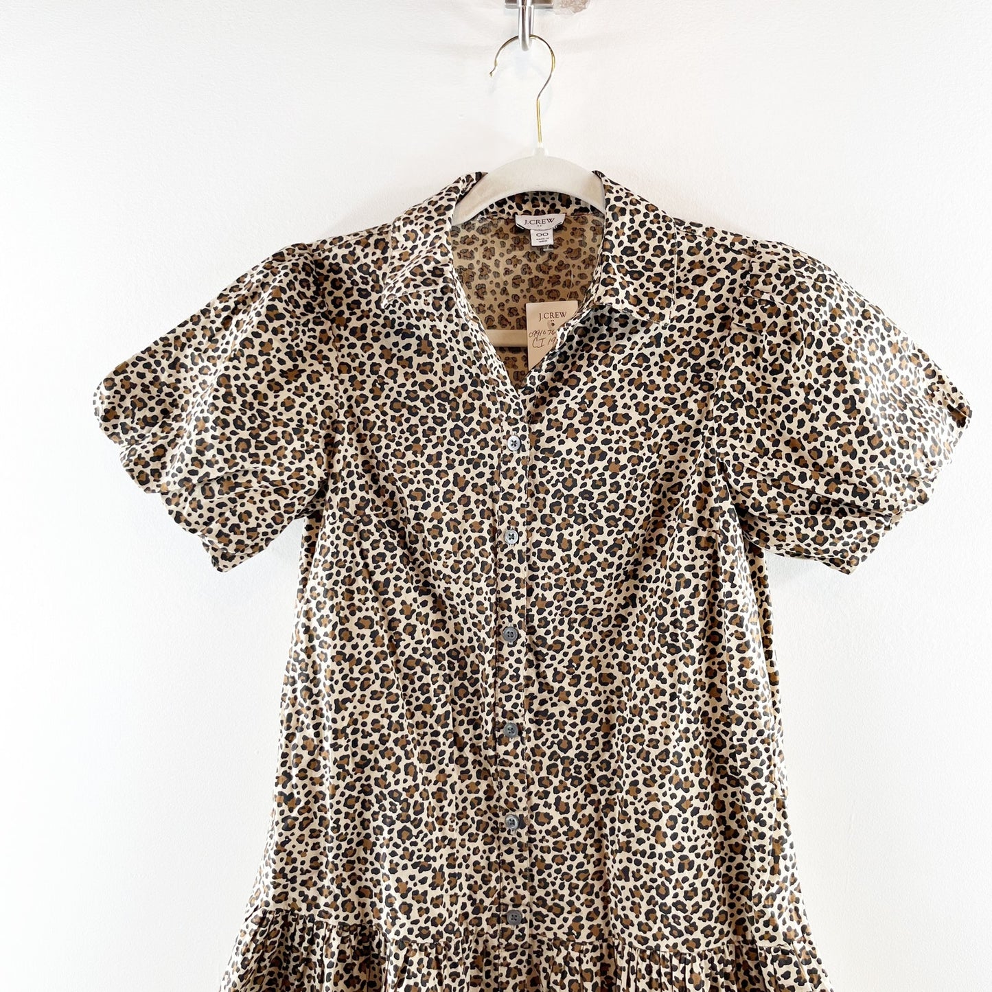 J. Crew Bubble Short Puff Sleeve Button Up Drop Waist Leopard Print Mini Dress