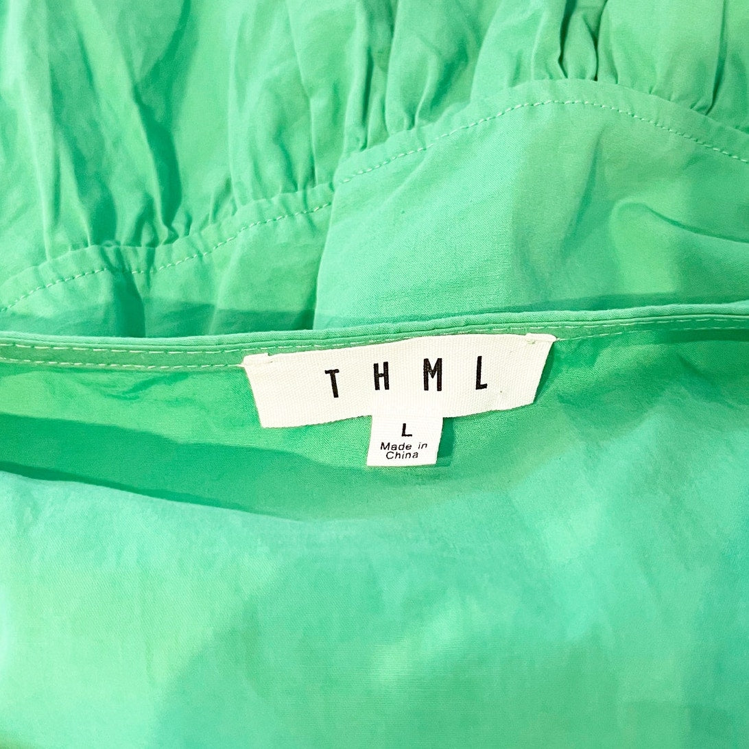 THML Short Puff Sleeve Tie Front Bow Peplum Top Blouse Green Large