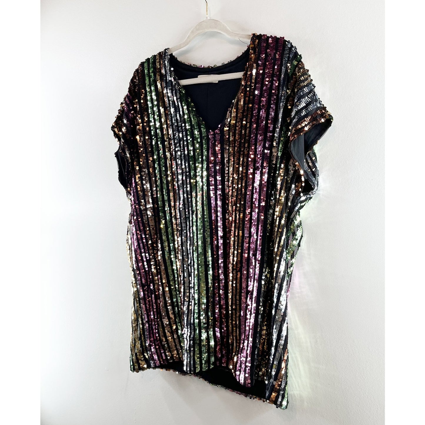 By Together Rainbow Striped V neck Short Sleeve Sequin T-Shirt Mini Dress Medium