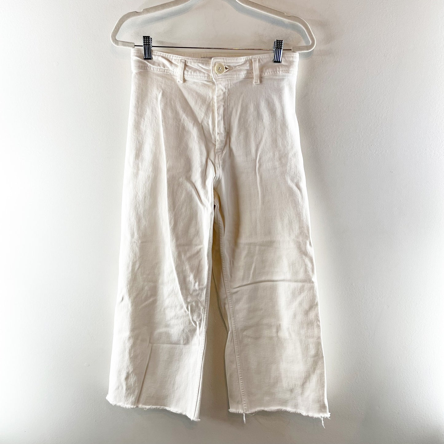 Zara Marine High Rise Frayed Hem Denim Straight Leg Jeans White 8